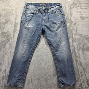 Silver Jeans Gordie Mens Jeans 34x26 Light Wash Relaxed Straight Embroidered